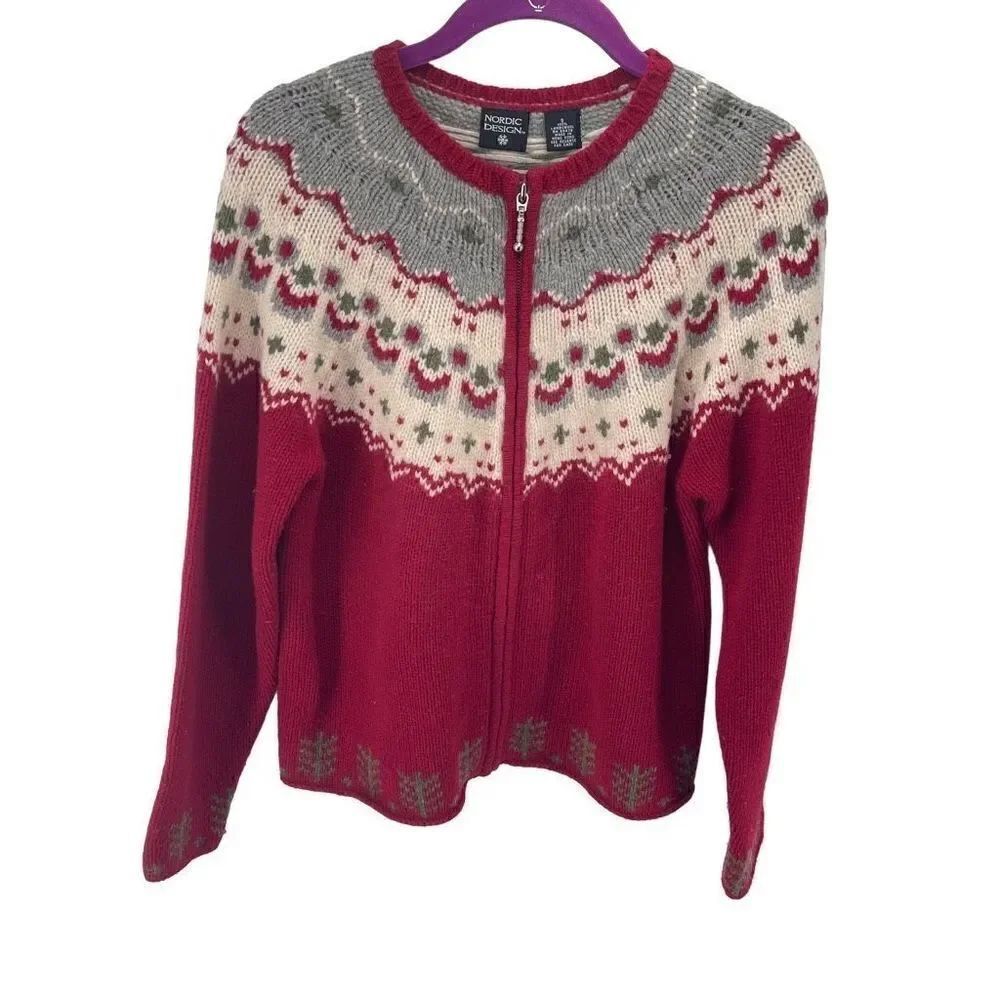 Nordic Design fair isle Full Zip Cardigan Sweater Long Sleeve Wool Red Small